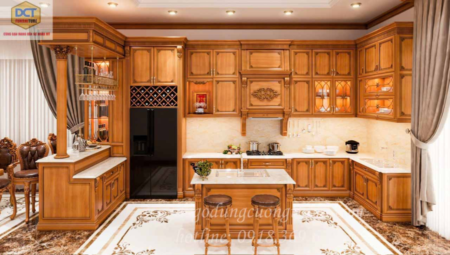 Tủ bếp kết hợp tủ rượu, quầy bar, đảo bếp